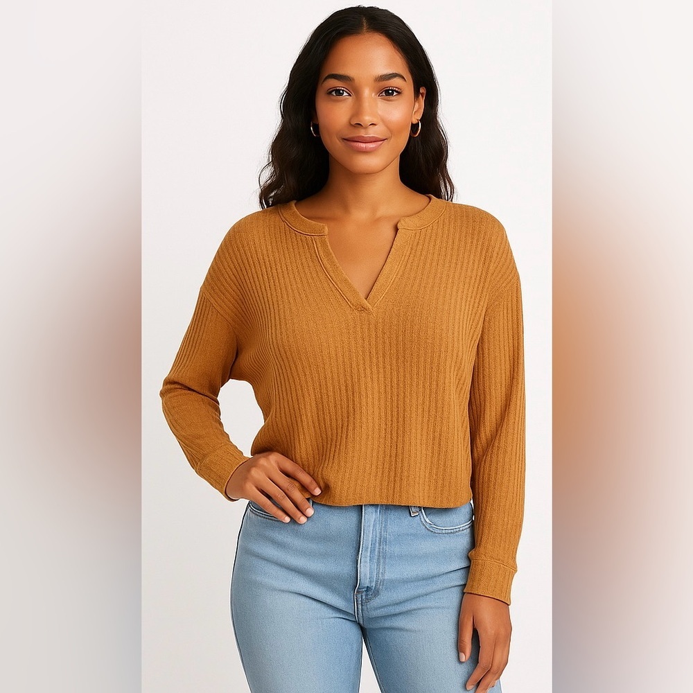 NWOT Abound Waffle Knit Long Sleeve Henley in Tan Dale L Super Soft!